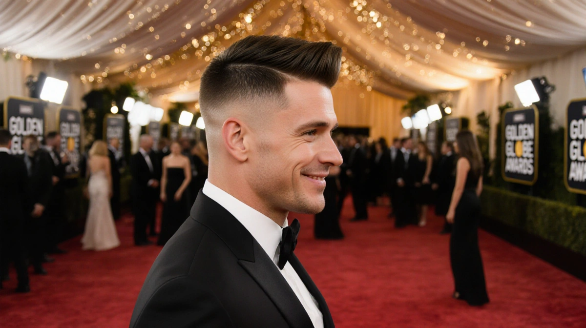 Glen Powell poses on the red carpet with his trendy asymmetrical haircut and bright lights behind him
