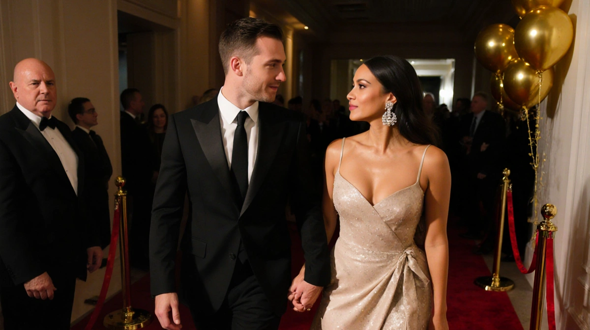 Glen Powell and Michelle Randolph walking hand in hand at the Golden Globe Awards with gold balloons and red carpet ribbons i