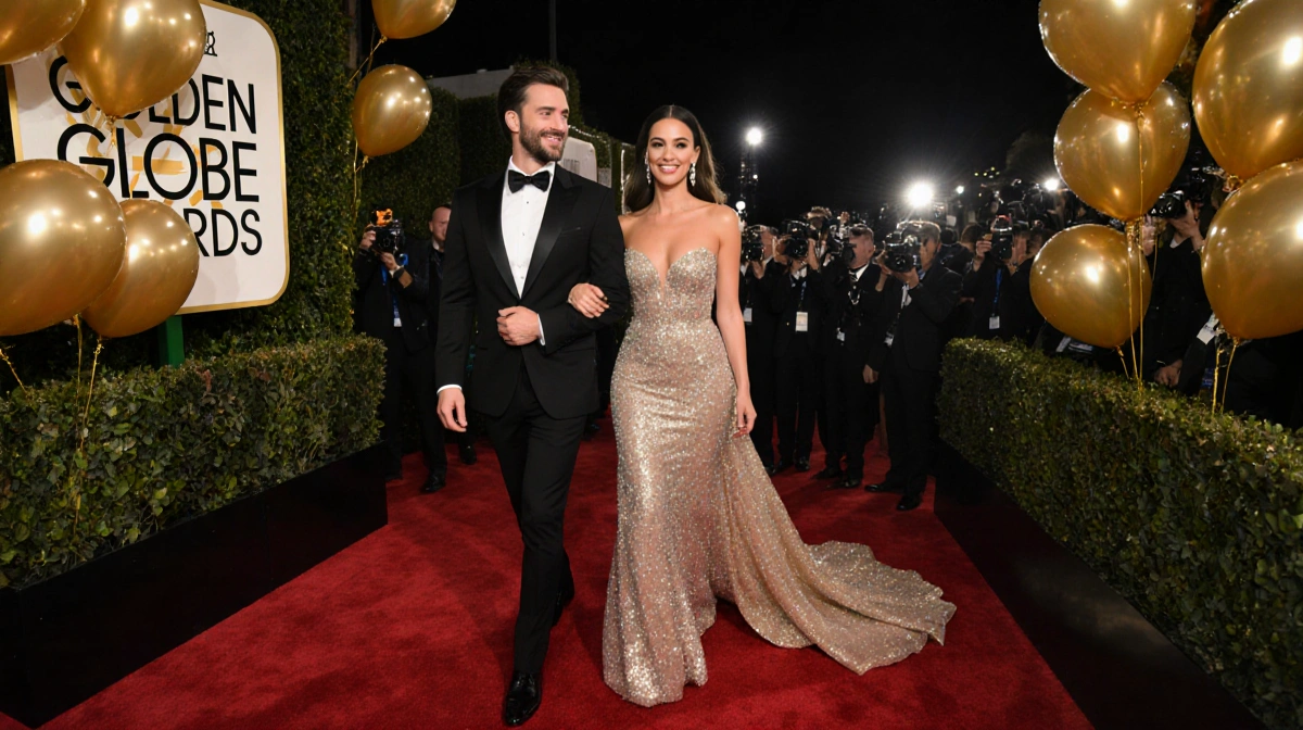Glen Powell and Michelle Randolph walking hand-in-hand down the red carpet with gold balloons and camera flashes behind