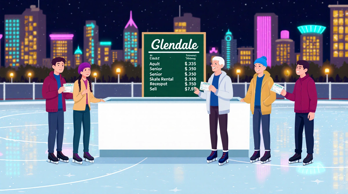 Adult and senior hold tickets while renter holds skate receipt price list above counter and neon lights reflecting on ice.