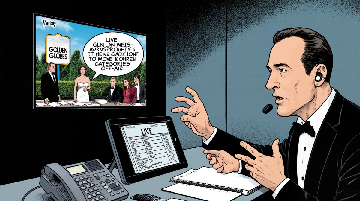 Glenn Weiss speaking to camera with Golden Globes broadcast on screen and Variety logo in background