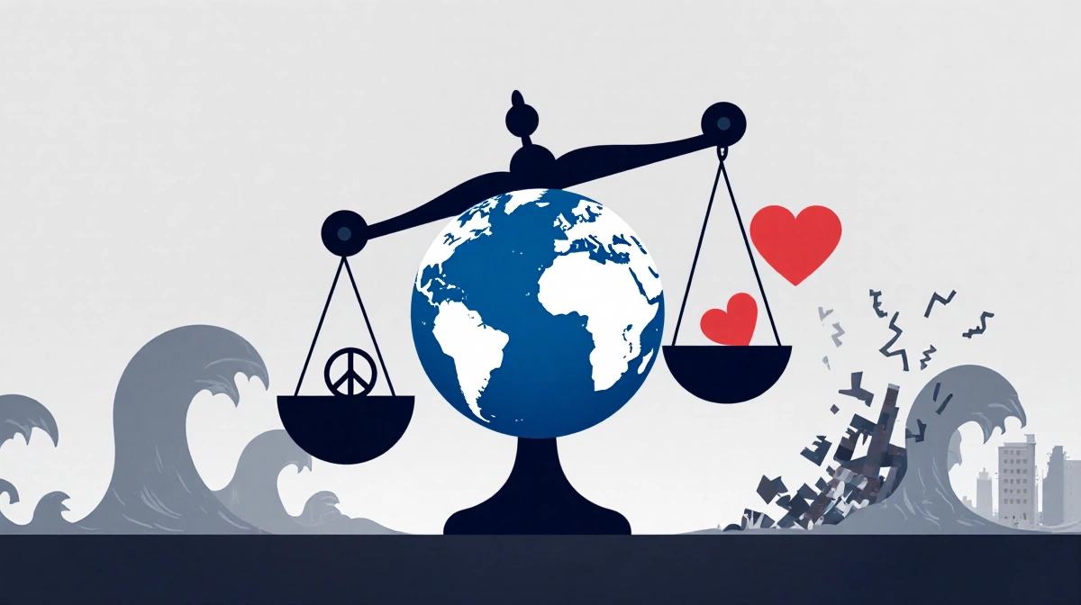 A stylized scale balances a globe at its center with peace signs and hearts on the arms and soft blue-gray waves receding beh