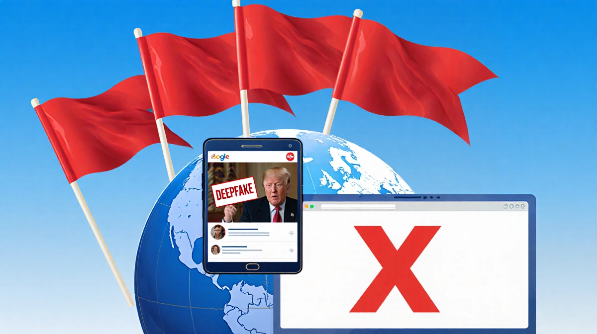 Globe waves with three red flags while a smartphone shows deepfake content and a computer screen displays X platform logo