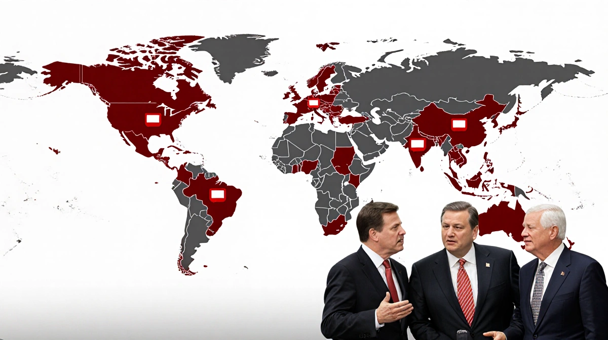 Diplomats debating with global map showing red flags for Russia UK and Mexico condemning US strikes