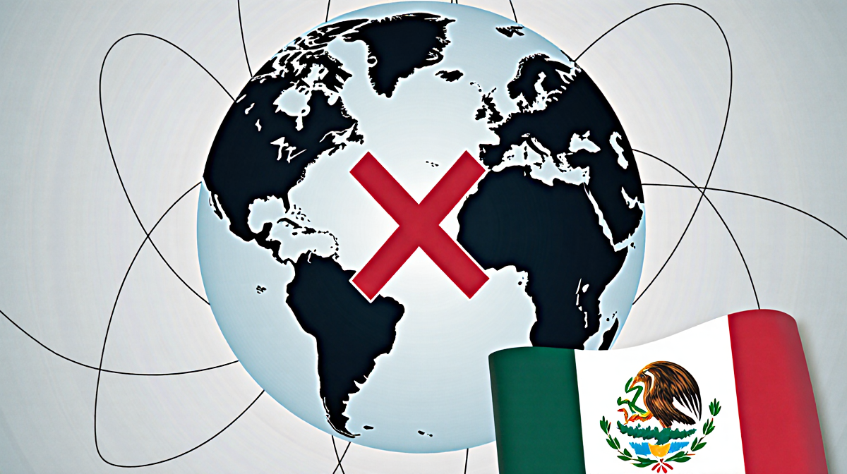 Globe displays red X with muted border lines and subtle Mexico City pin.