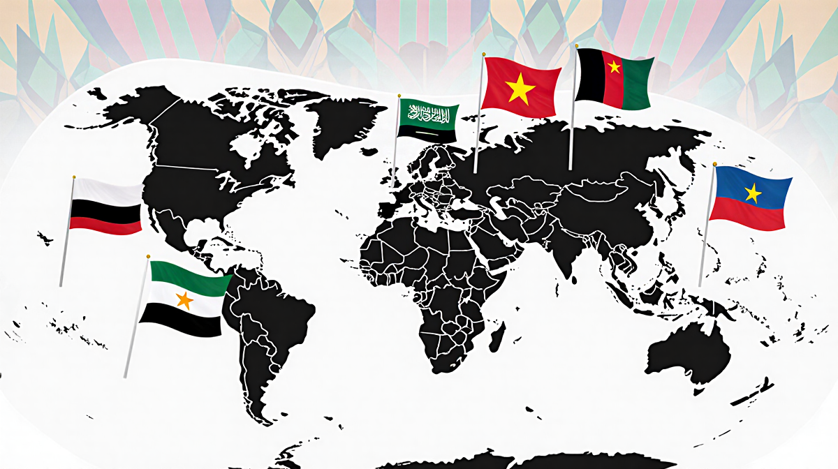Flags waving around a globe with cultural patterns in background showing global unity and diversity