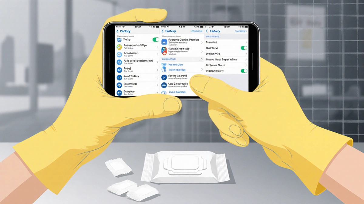 Gloved hands holding a phone showing factory reset screens with disinfectant wipe and scattered wipes in blurred background