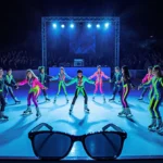 K‑Pop demonstration team dancing on the ice with neon costumes and a DJ booth illuminating the dark blue glow.