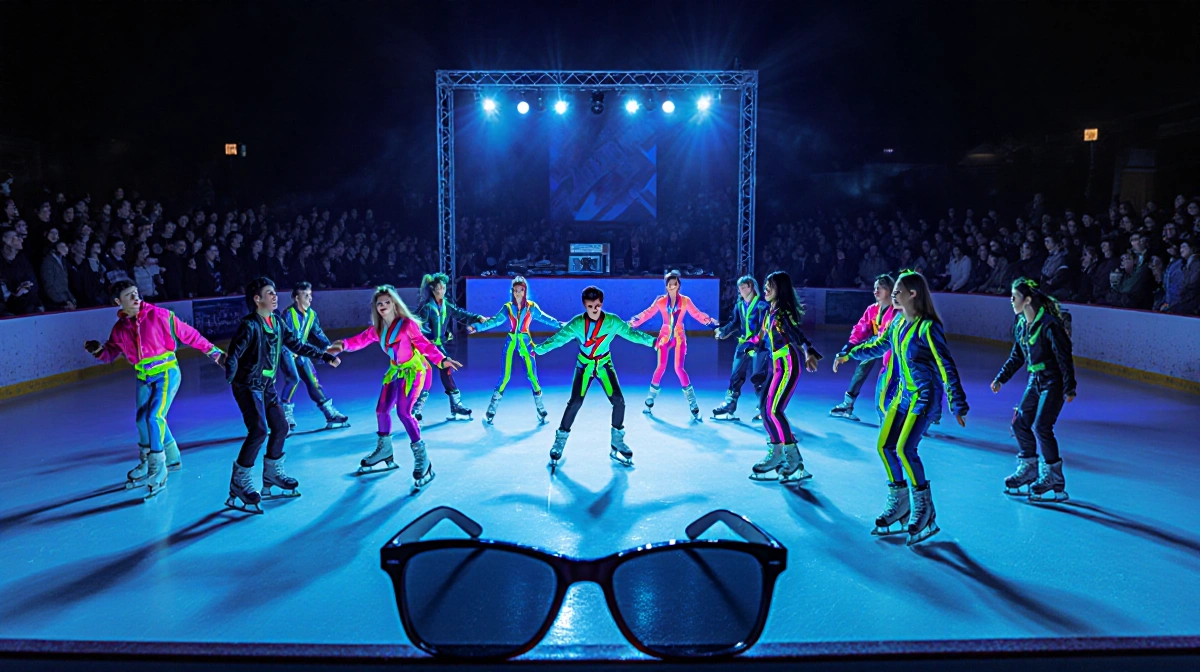 K‑Pop demonstration team dancing on the ice with neon costumes and a DJ booth illuminating the dark blue glow.