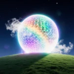 Glowing sphere sits on green hill with starry night sky and swirling vibrant lights inside.