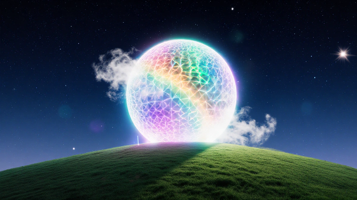 Glowing sphere sits on green hill with starry night sky and swirling vibrant lights inside.