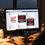 Person scrolling social media with fake weight loss ads and medication bottles on messy desk