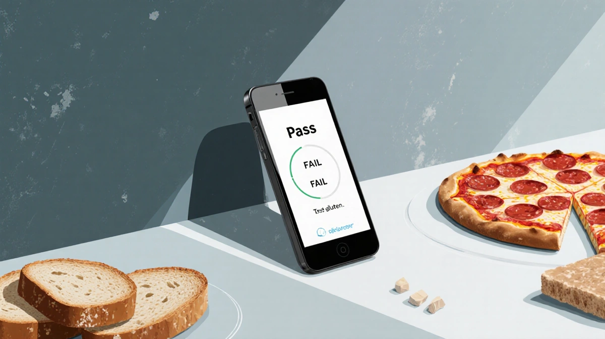 Handheld gluten tester showing pass result with bread and pizza on clean counter