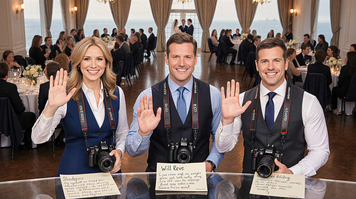 Three Good Morning America anchors smile and wave with cameras in hand near a blurred wedding reception scene