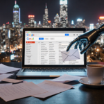 Robotic hand placing a new email notification in Gmail inbox with futuristic glow and scattered papers.