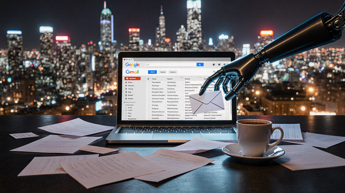 Robotic hand placing a new email notification in Gmail inbox with futuristic glow and scattered papers.