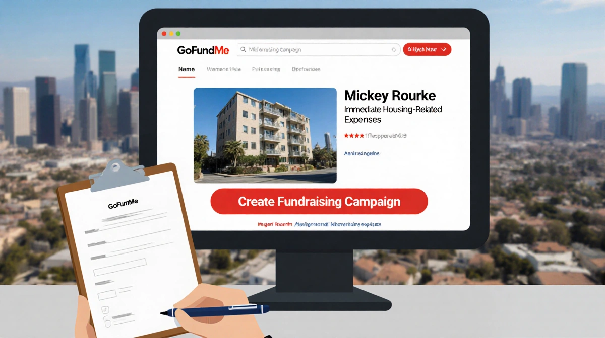 GoFundMe page shows Mickey Rourke housing campaign with red create button highlighted and LA skyline behind