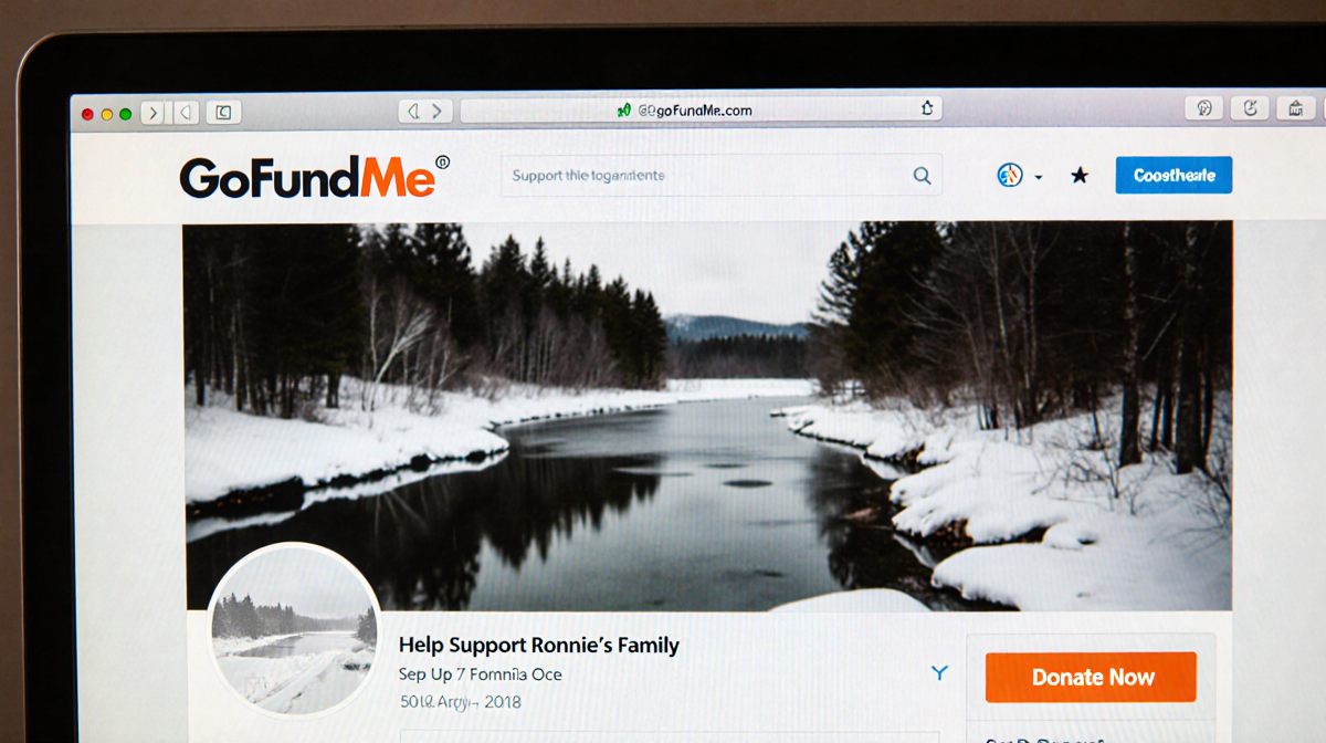 Computer screen displays GoFundMe page with headline Help Support Ronnie's Family and snowy background.
