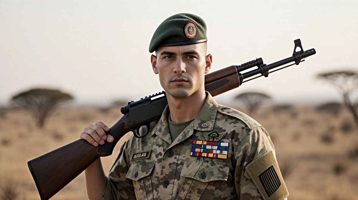 Golab stands confidently with rifle at shoulder height showing determined expression in National Guard uniform with African s