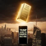 Gold bar glowing above misty skyscrapers with smartphone showing Trump Davos news