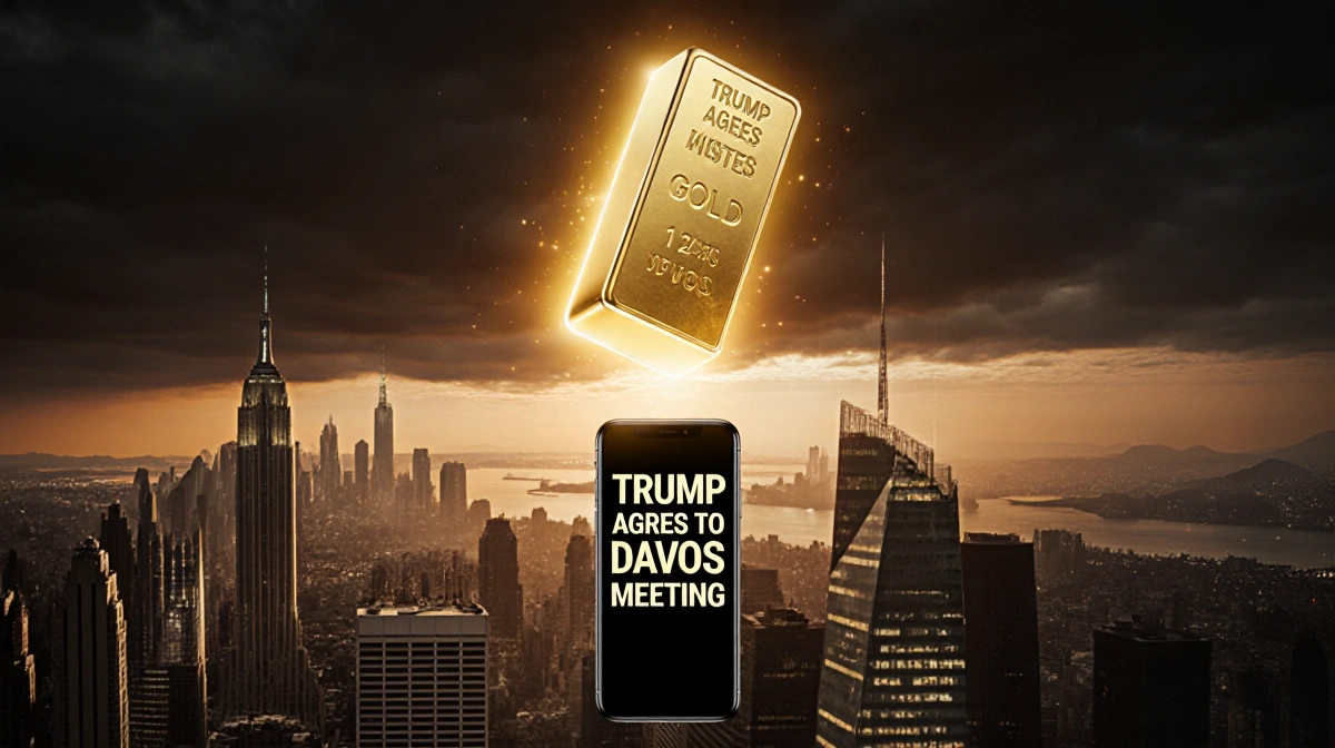 Gold bar glowing above misty skyscrapers with smartphone showing Trump Davos news
