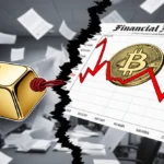 Gold bar tearing apart with red thread while bitcoin chart crashes with red arrow pointing down