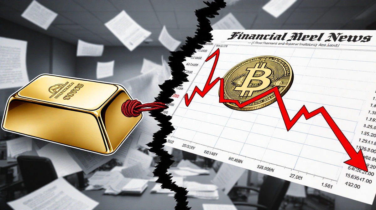Gold bar tearing apart with red thread while bitcoin chart crashes with red arrow pointing down