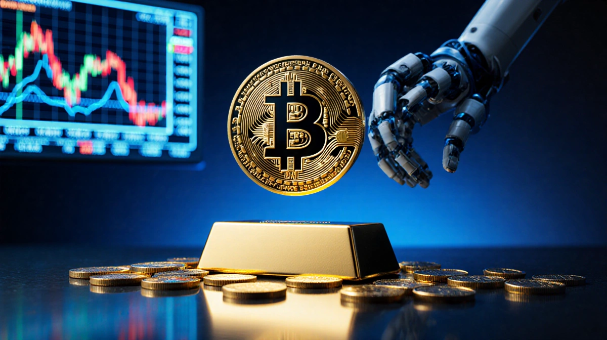 Robotic arm sweeping gold coins near a gold bar with Bitcoin blockchain graphic floating above neon trading screens