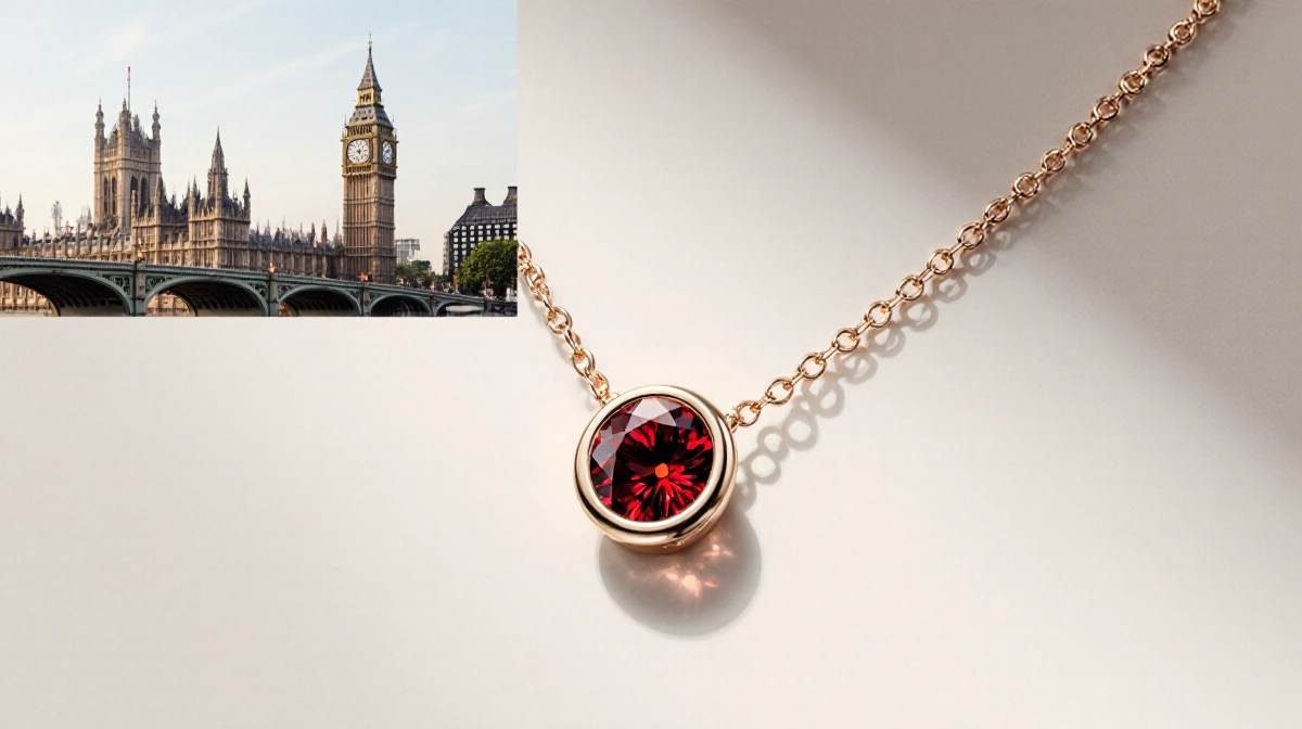 Gold necklace with red garnet pendant shows subtle metal reflections and London skyline in corner