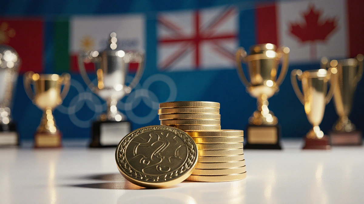Five gold medals stacked in pyramid formation with Olympic flags and trophies blurred behind showing victory