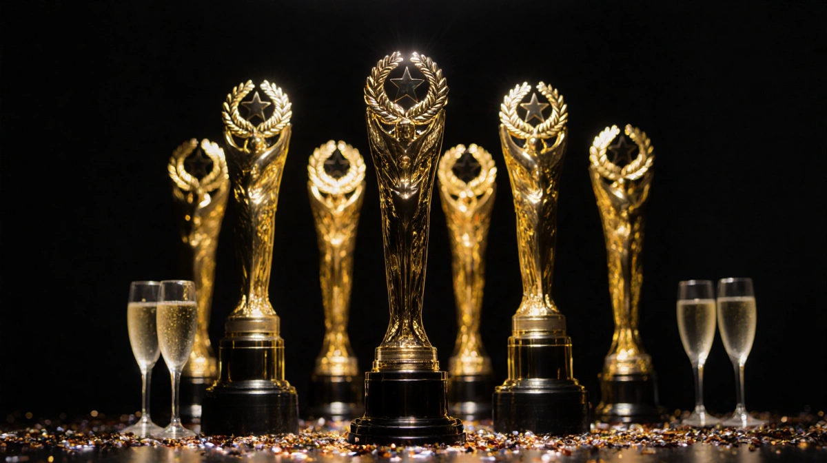 Gold trophies arranged in staggered formation with confetti and champagne glasses showing celebration