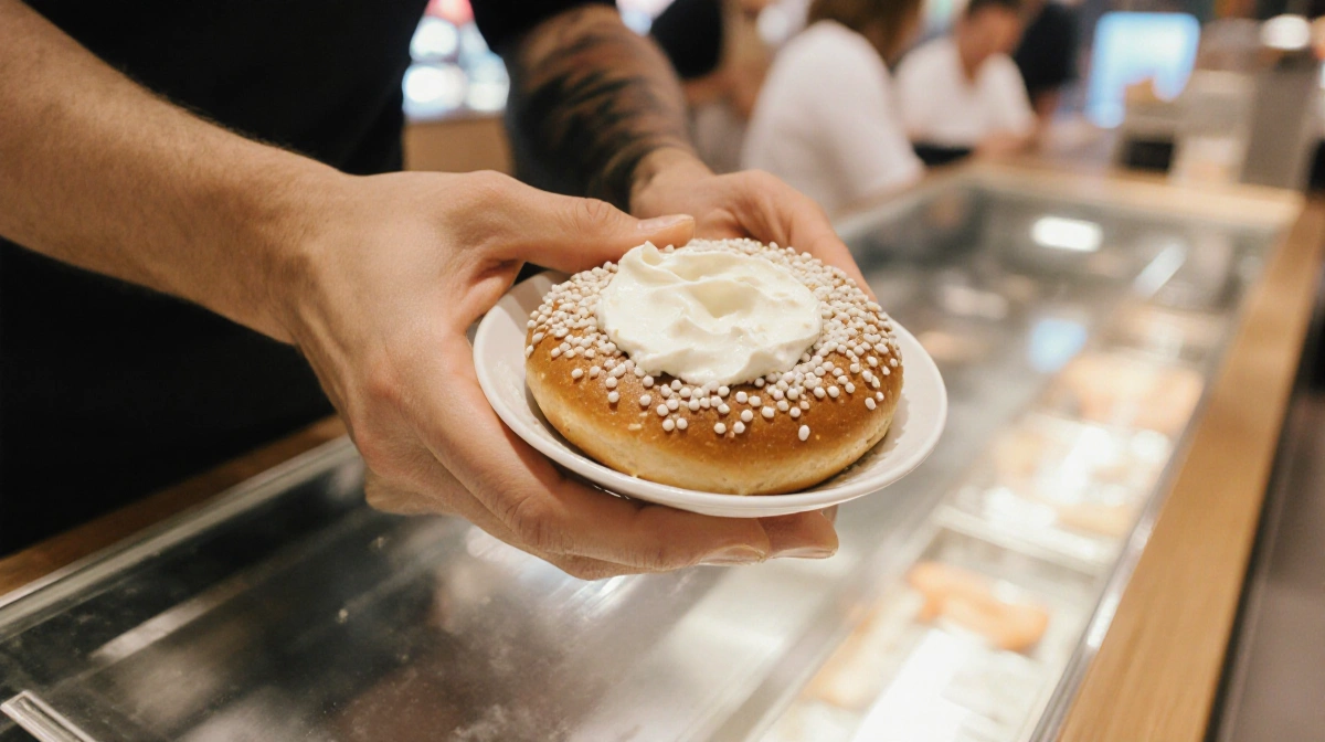 Shopper holding complimentary bagel with cream cheese at Goldberg's Fine Foods counter with warm store background