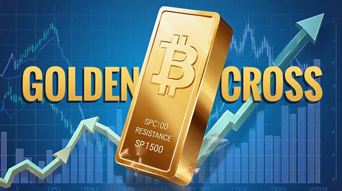Gold bar rising through cryptocurrency chart with bull market arrows and Golden Cross text showing breakthrough