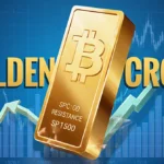 Gold bar rising through cryptocurrency chart with bull market arrows and Golden Cross text showing breakthrough