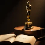 Golden Globe statuette rests on wooden pedestal with open book showing Hamnet title page in foreground