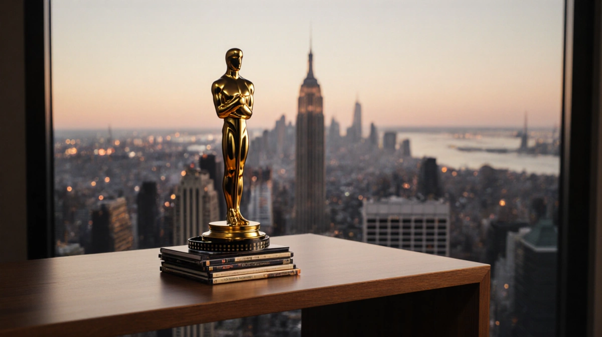 Golden Globe trophy glows atop film reels with city skyline visible through window at dusk