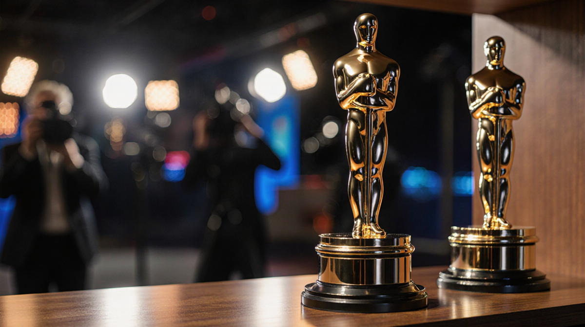 Shining Golden Globe trophy sits on wooden shelf between older awards with blurred TV studio background