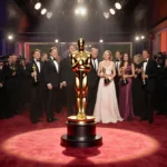 Golden Globe winners pose with awards and trophies under spotlight with cameras flashing