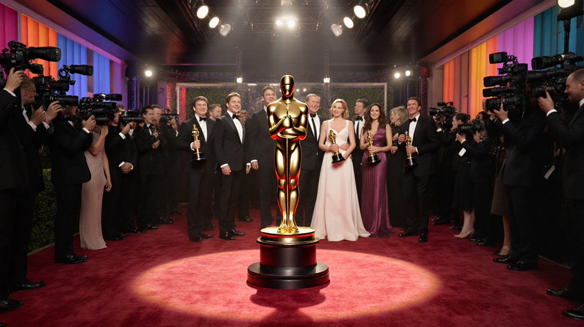 Golden Globe winners pose with awards and trophies under spotlight with cameras flashing