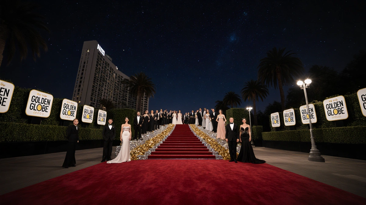 Celebrities pose on golden staircase with Beverly Hilton hotel and red carpet behind them