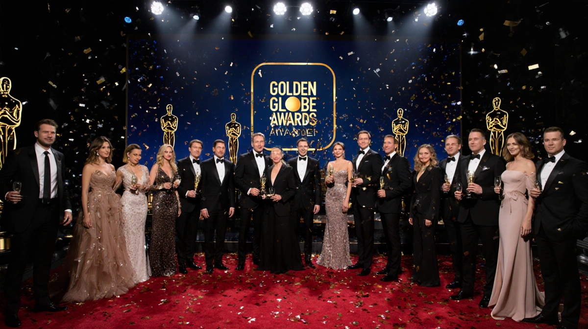 Celebrities walk the Golden Globes red carpet with golden statues and champagne glasses