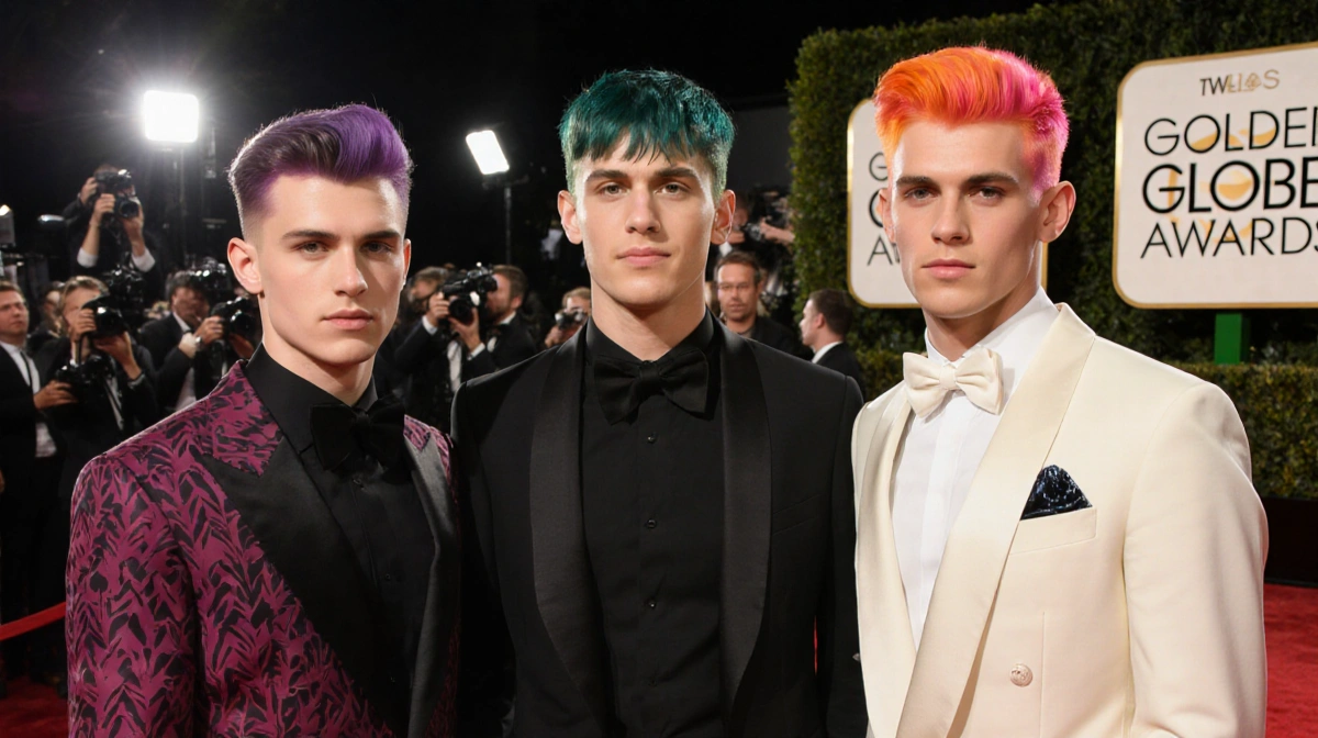 Three young men pose on the red carpet with bold 80s-inspired hairstyles and vibrant colors while paparazzi flashes light up 