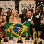 Amy Poehler and Seth Rogen celebrating Golden Globes wins with Brazil flag draped trophy and confetti