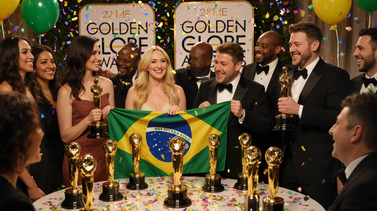 Amy Poehler and Seth Rogen celebrating Golden Globes wins with Brazil flag draped trophy and confetti