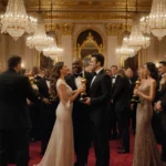 Celebrities celebrate with Golden Globe trophies in ornate ballroom with chandeliers and red carpet