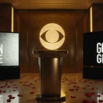 Empty podium stands in golden room with CBS logo glitching on wall and rose petals scattered on floor