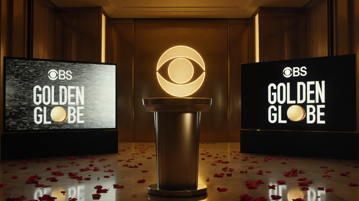 Empty podium stands in golden room with CBS logo glitching on wall and rose petals scattered on floor