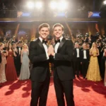 Hudson Williams and Connor Storrie stand together on the Golden Globes red carpet with hands clasped and cameras flashing