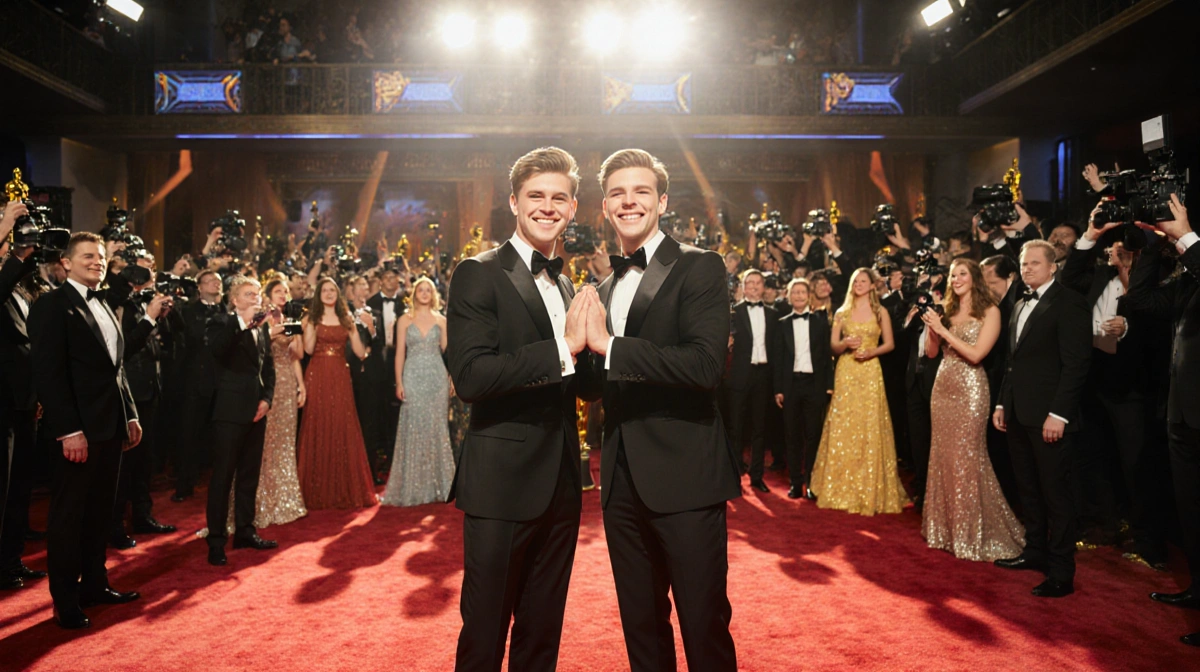 Hudson Williams and Connor Storrie stand together on the Golden Globes red carpet with hands clasped and cameras flashing