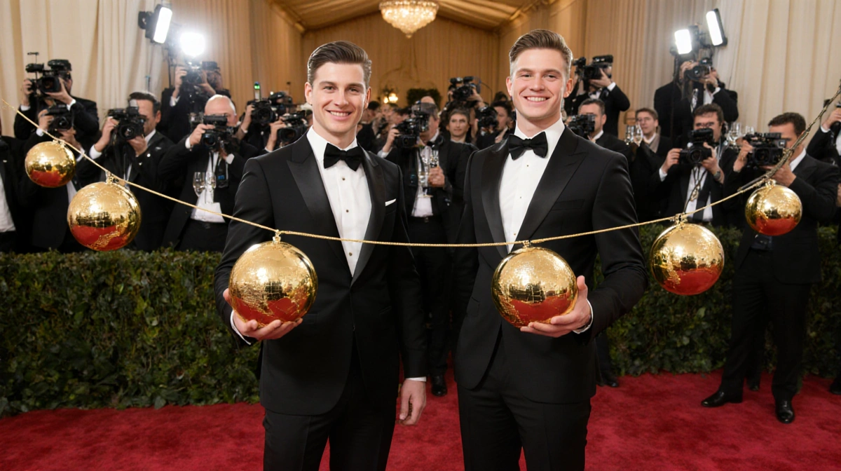 Hudson Williams and Connor Storrie smiling on the Golden Globes red carpet with tuxedos and golden lights behind them